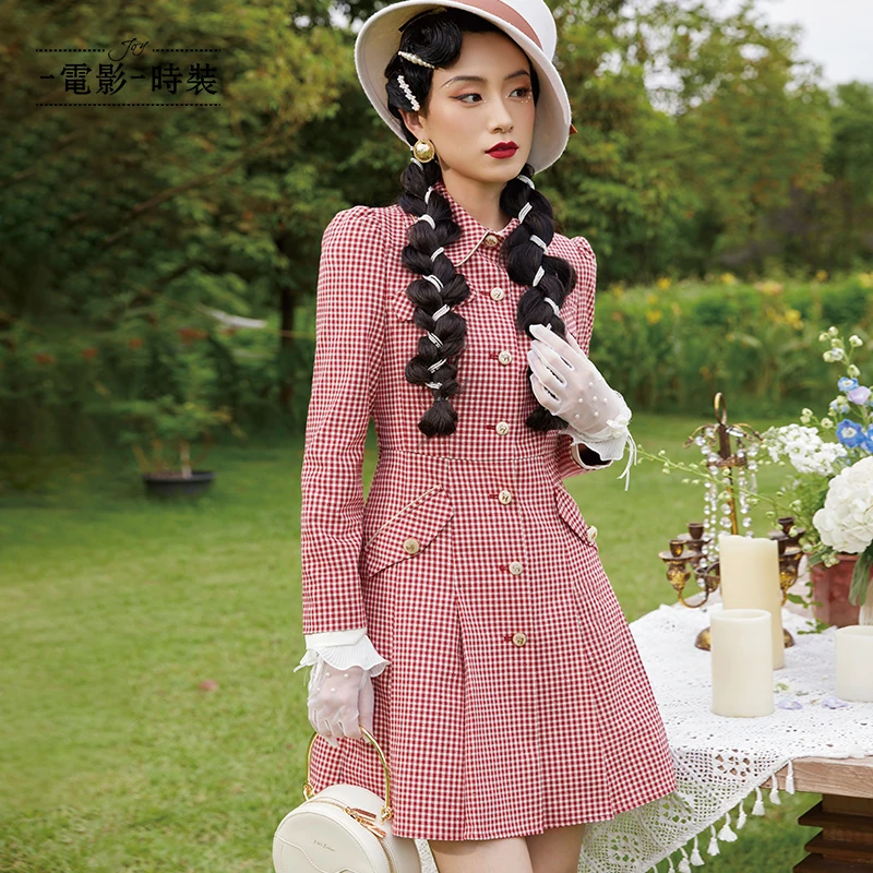 【程钱钱】一电影一时装复古红色格纹收腰连衣裙FENL112539