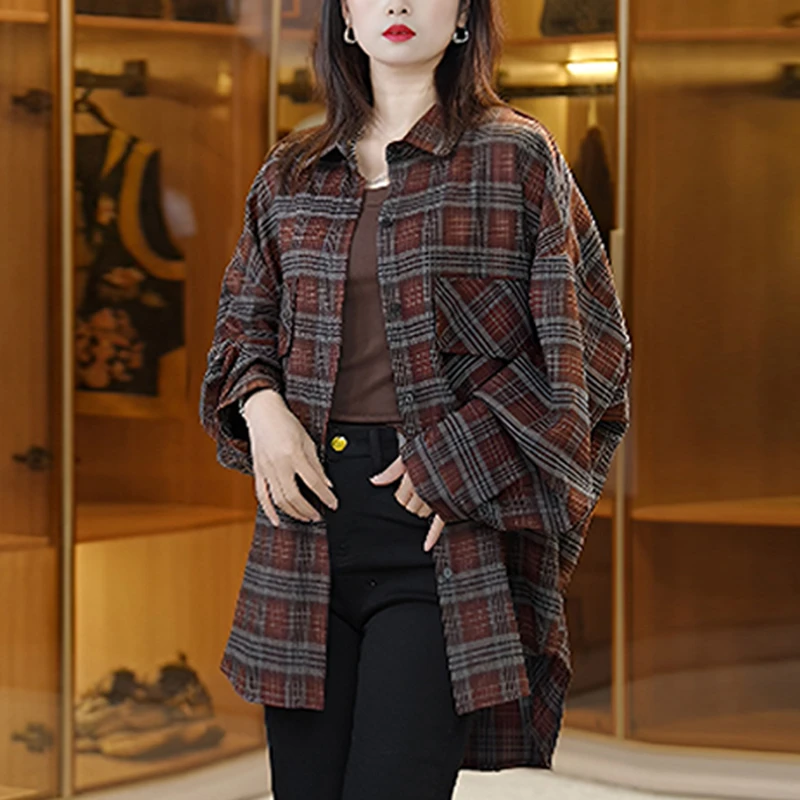 妈妈装宽松韩系休闲外套女秋季新款2025慵懒复古格纹减龄长袖上衣