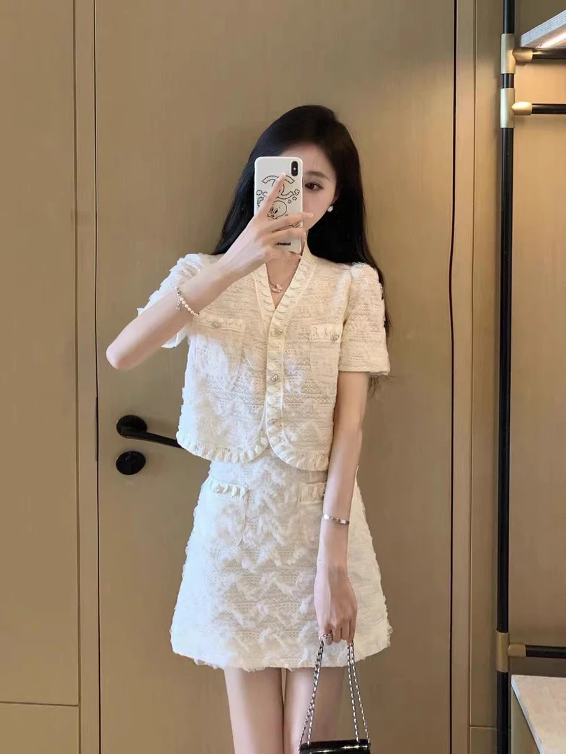 （长裙）小香风套装夏装时尚V领气质洋气外套+半身裙两件套F027