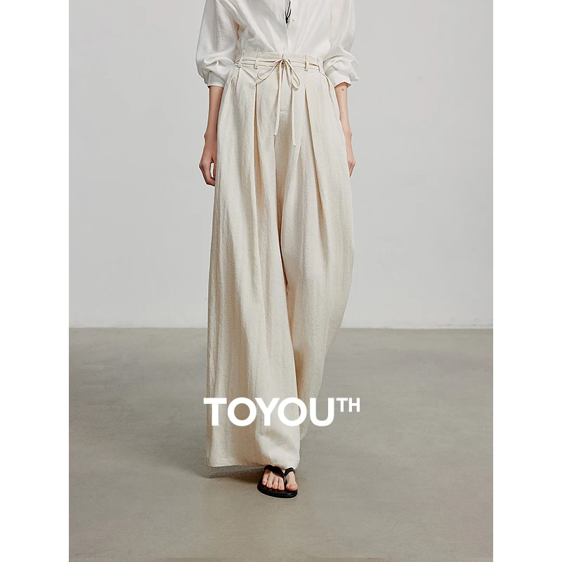 初语松弛感莱赛尔亚麻休闲裤女25夏压褶山本阔腿裤8527028