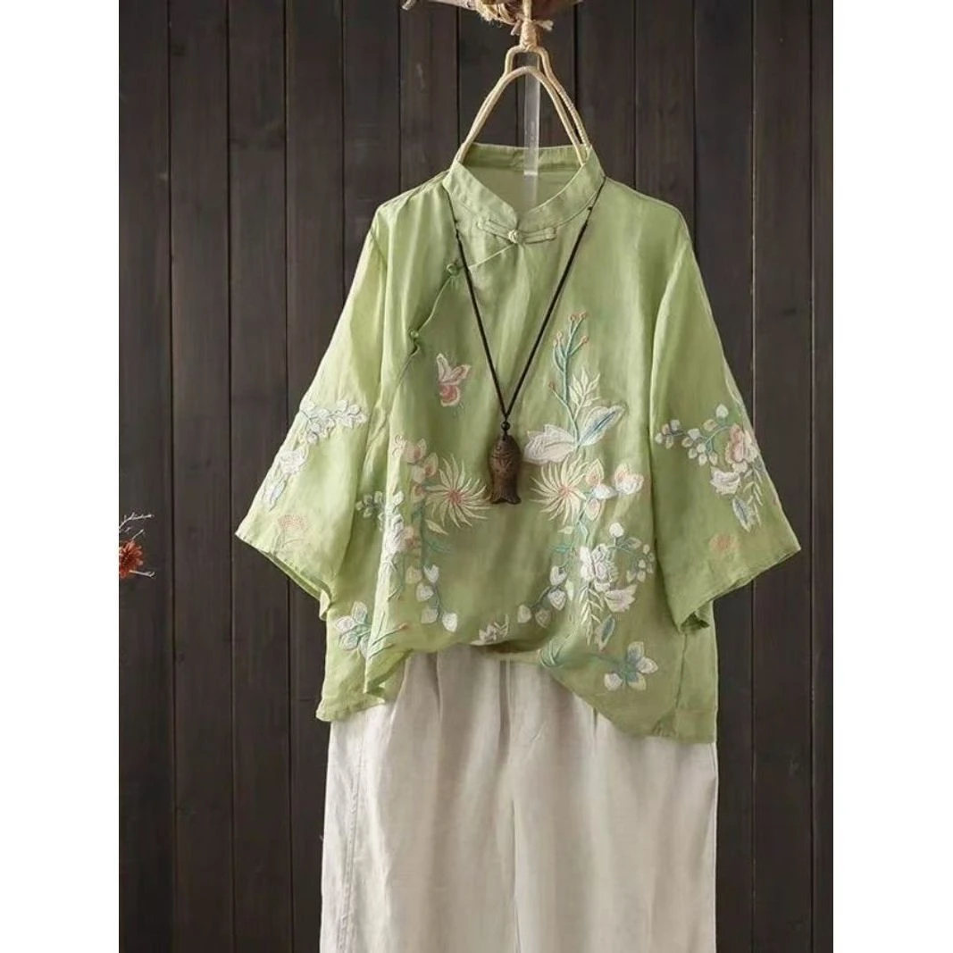 中国风绣花苎麻衬衫女春季斜襟盘扣立领唐装小衫气质棉麻套头上衣