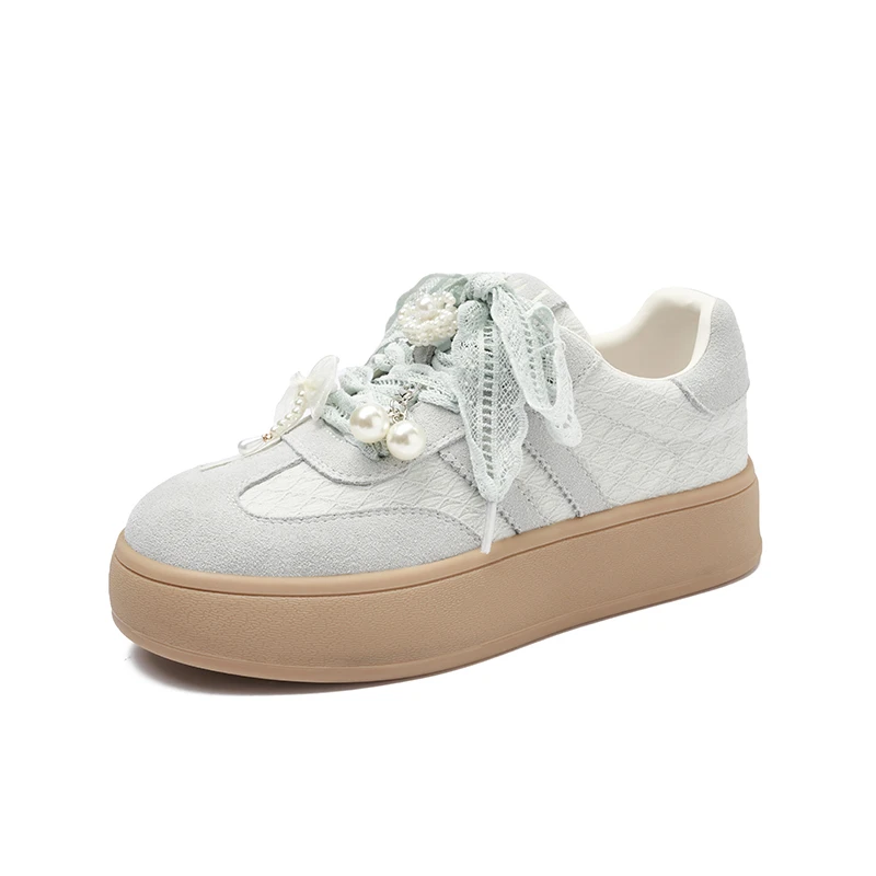 卓诗尼厚底德训鞋女2025春季新款复古休闲拼色板鞋珍珠软底小白鞋