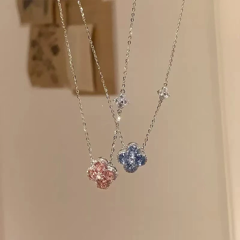钛钢项链 甜美蓝粉四叶草项链女高级设计简约轻奢精致满钻锁骨链