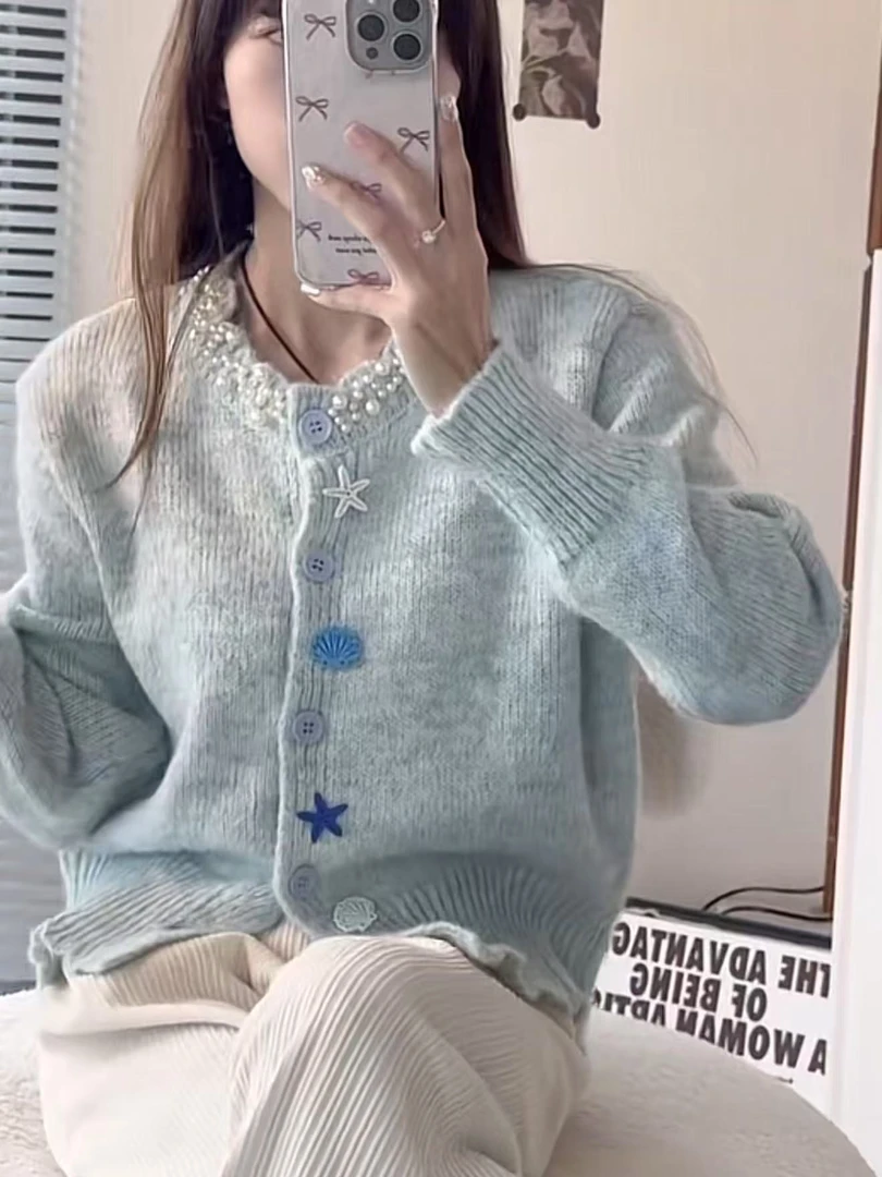 奶蓝色宽松针织衫女2024新款春秋季外搭开衫毛衣韩系穿搭早秋上衣