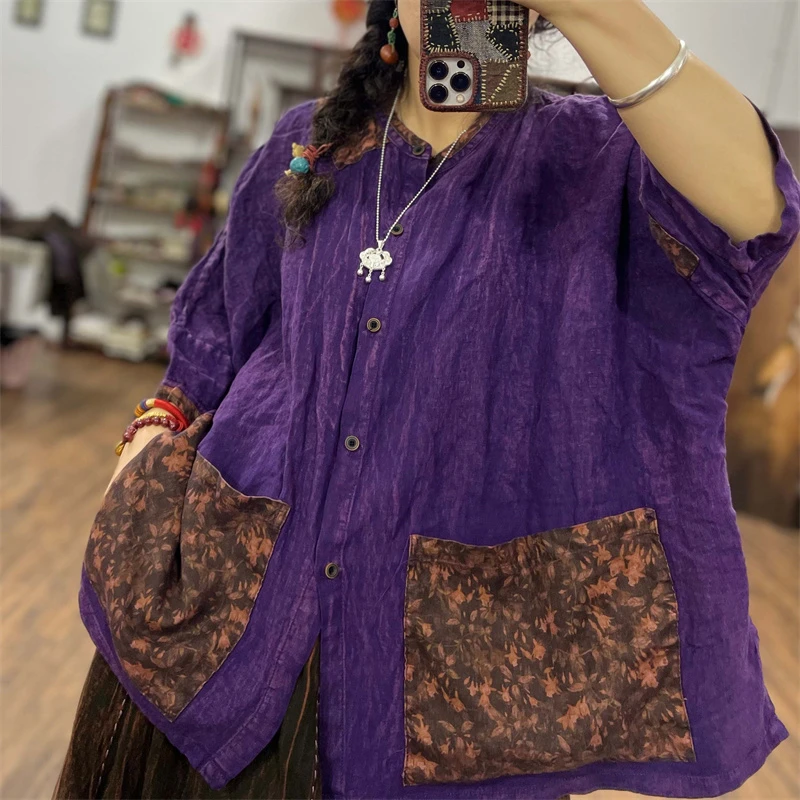 SX复古亚麻拼接贴布擦色设计款开衫夏季新款百搭休闲宽松上衣女