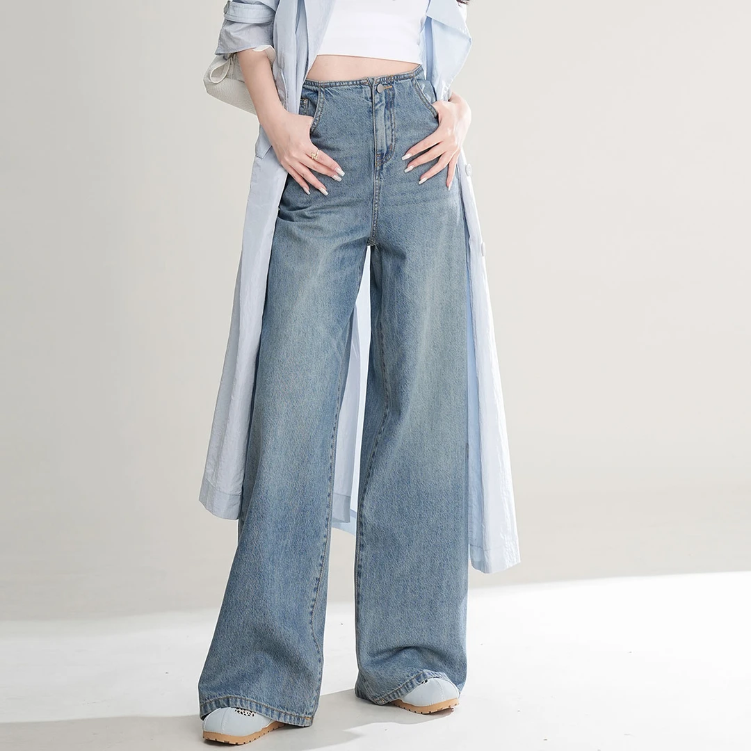白鹿语25春款复古洗水长款时尚休闲阔腿无弹牛仔裤女BY20102
