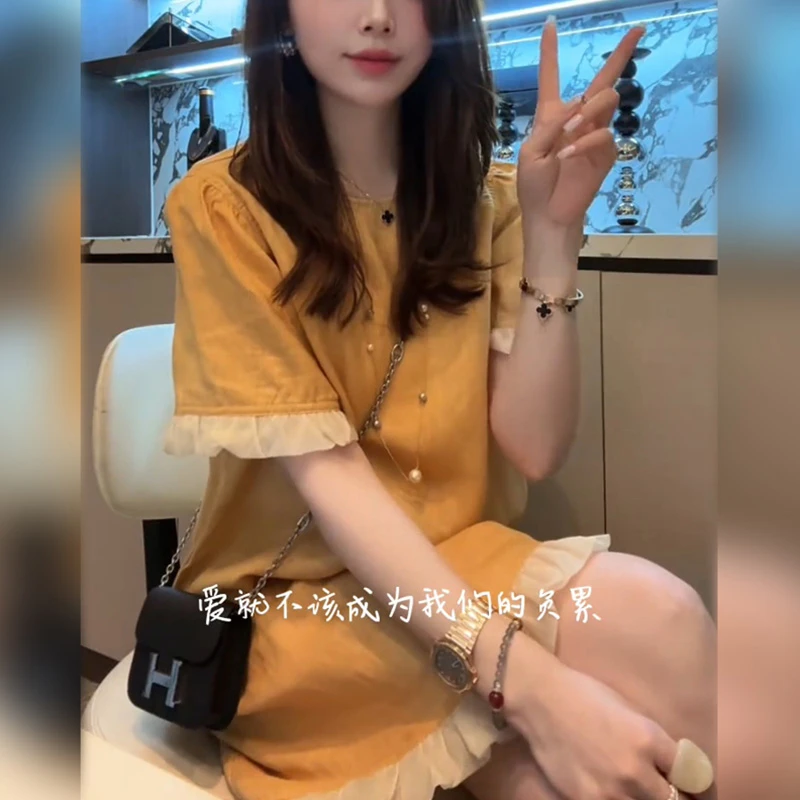 时尚短袖时尚连衣裙女2025夏季新款小个子木耳边宽松显瘦a字裙潮