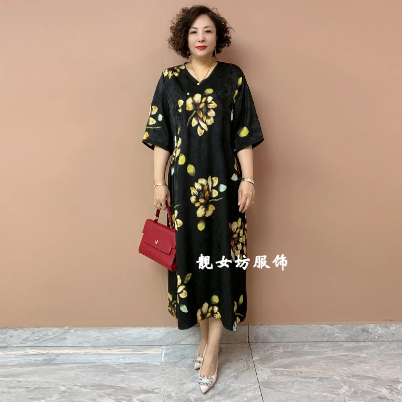 垂坠感大码200斤连衣裙夏季新款宽松遮肚显瘦中长裙时髦阔太长裙