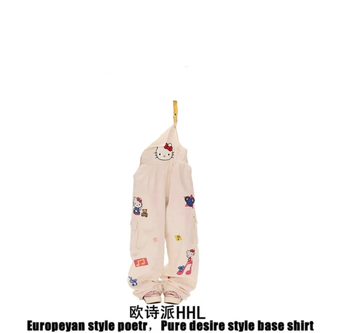卡通Kitty猫刺绣工装背带裤女2025夏季新款宽松阔腿直筒连体裤子