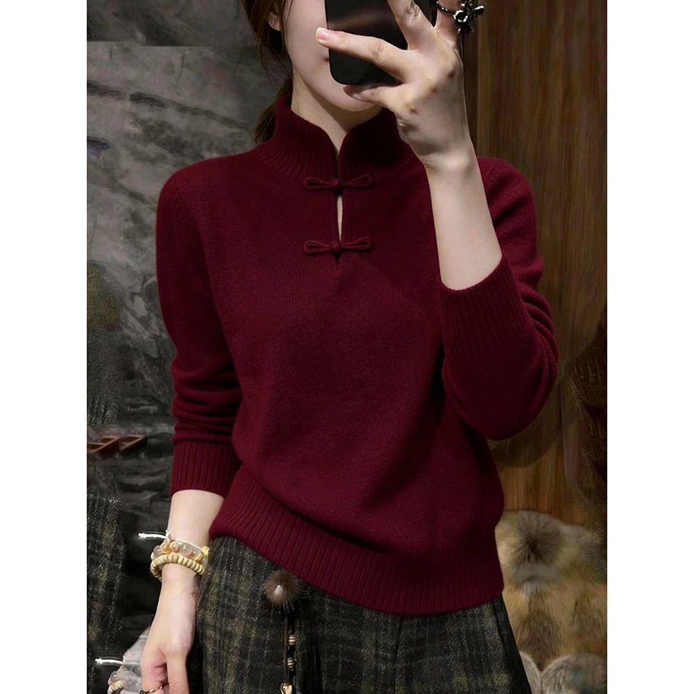 秋冬高级感chic别致漂亮超好看阔太太洋气新中式国风酒红色针织衫