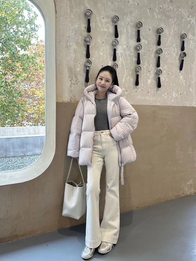 2025秋冬新款粉色云朵泡芙棉服女中长款外套百搭直筒休闲裤两件套