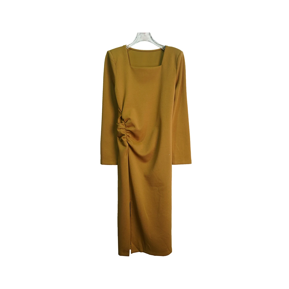 E0007【新款】方领抽褶设计感小众显瘦开叉连衣裙