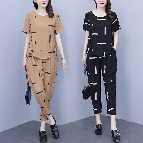 2025年套装女休闲时尚中年妈妈夏装洋气夏季新款大码短袖两件套