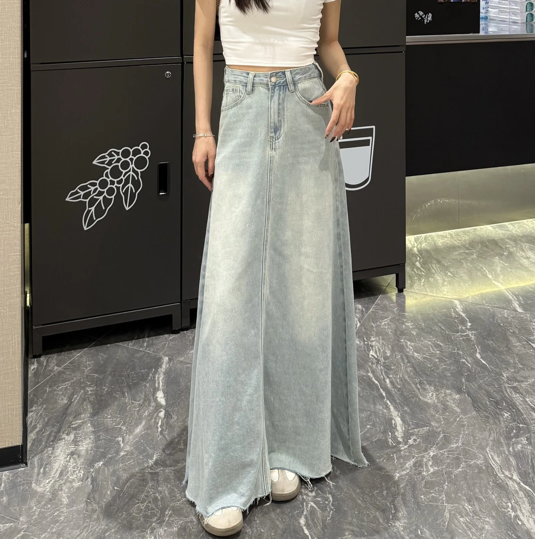 大琳（满分长裙）韩系高腰水洗显瘦百搭大摆加长牛仔裙半身裙
