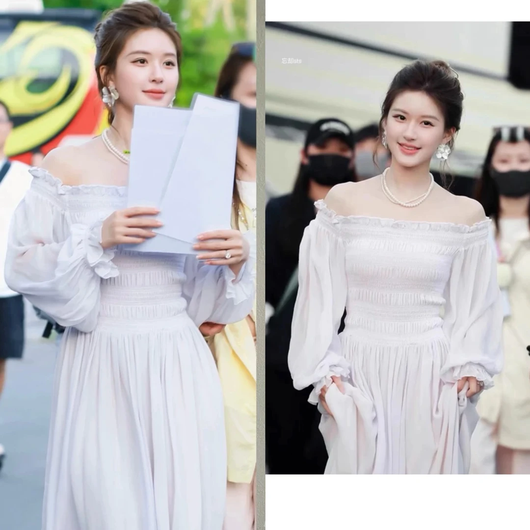 许我耀眼赵露思许妍同款白色一字肩连衣裙女薄款长袖气质显瘦长裙