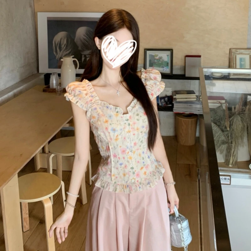 多巴胺小清新碎花衬衫女夏季法式短袖衬衣设计感收腰修身短款上衣