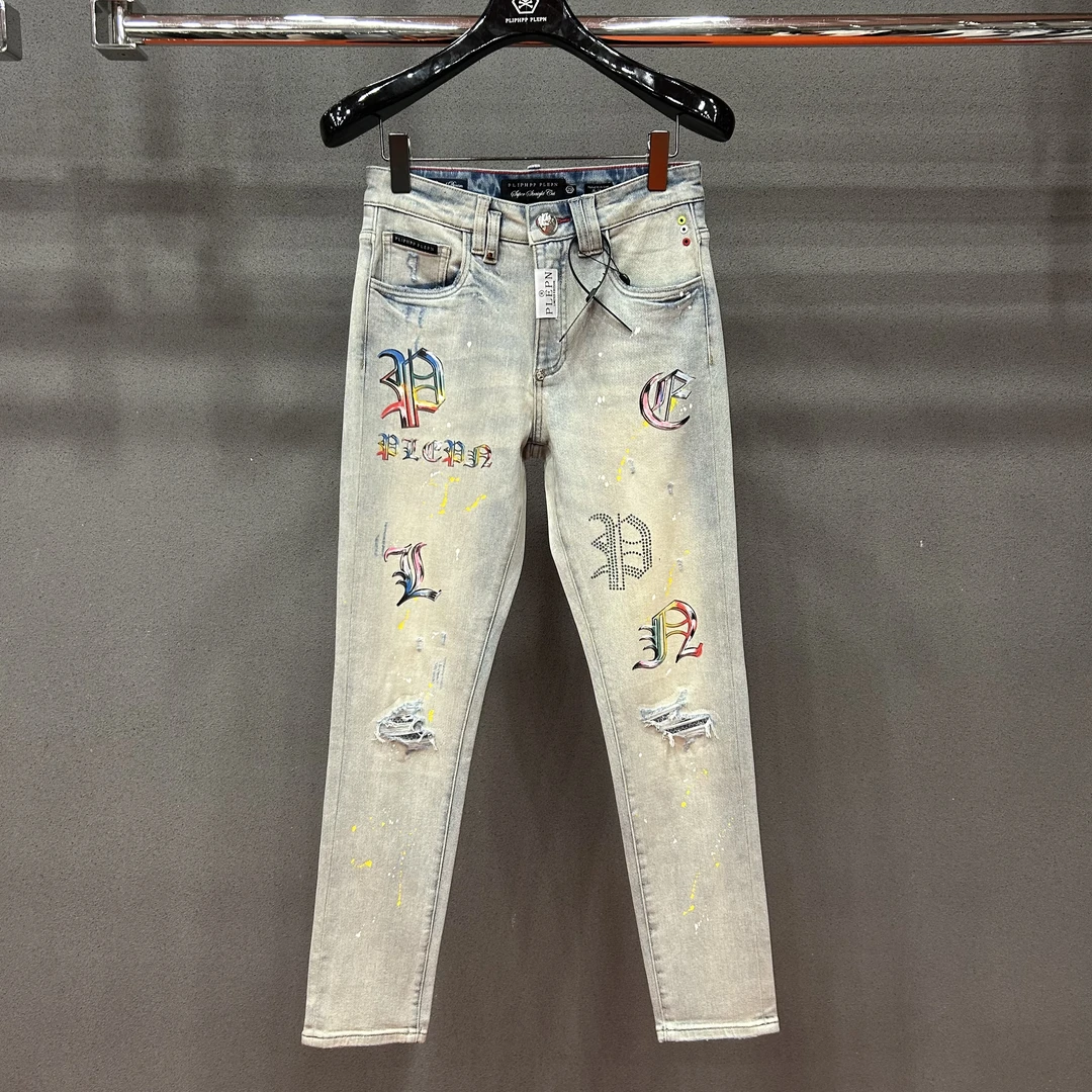 PLIPHPP PLEPN正品PP多巴胺彩绘 假破洞高弹男款夏季软牛仔裤9950
