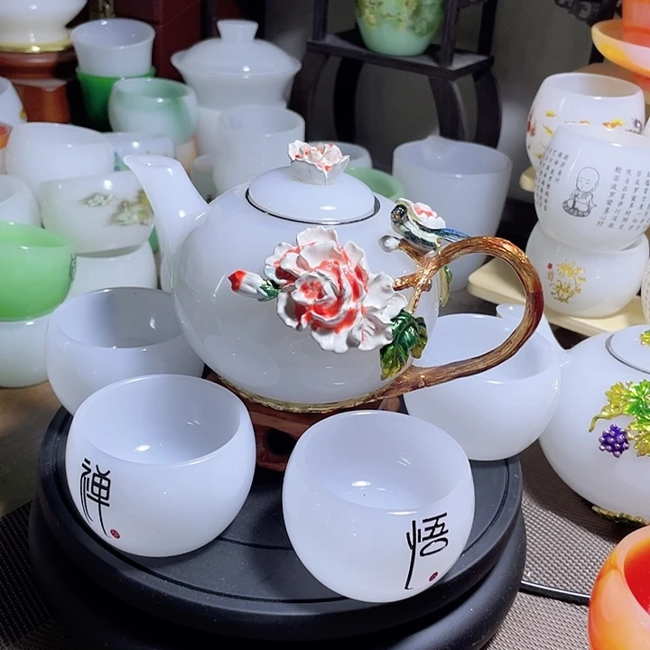 琉璃中式珐琅彩花开富贵一壶六杯礼盒套装