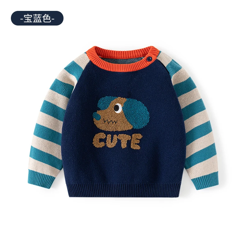 100棉婴儿毛衣A类柔软条纹儿童上衣cute修狗秋冬针织纯棉男童毛衣