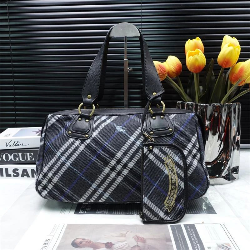 95新 BURBERRY/博柏利 灰色格子羊毛子母手提包/T_ZY0000412238