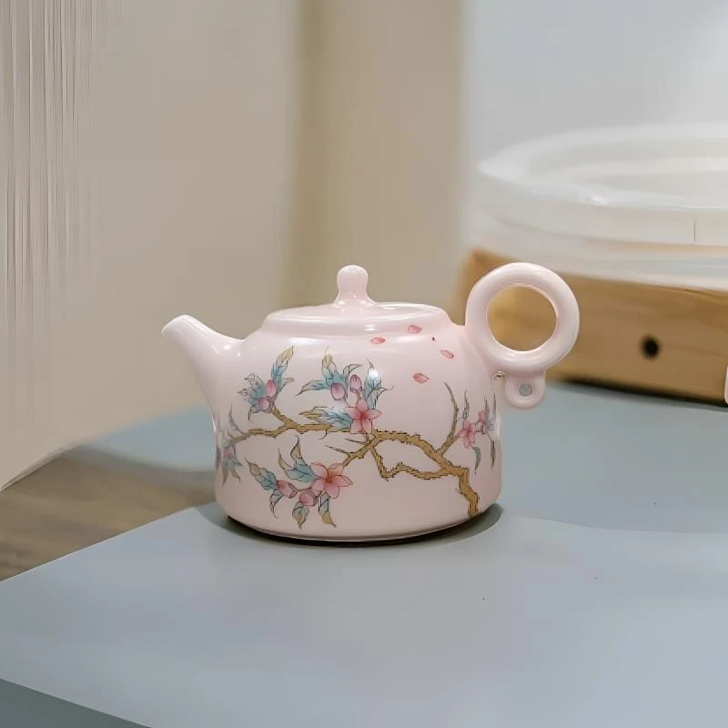 高档陶瓷粉色汝窑桃花茶壶泡茶器家用茶具115