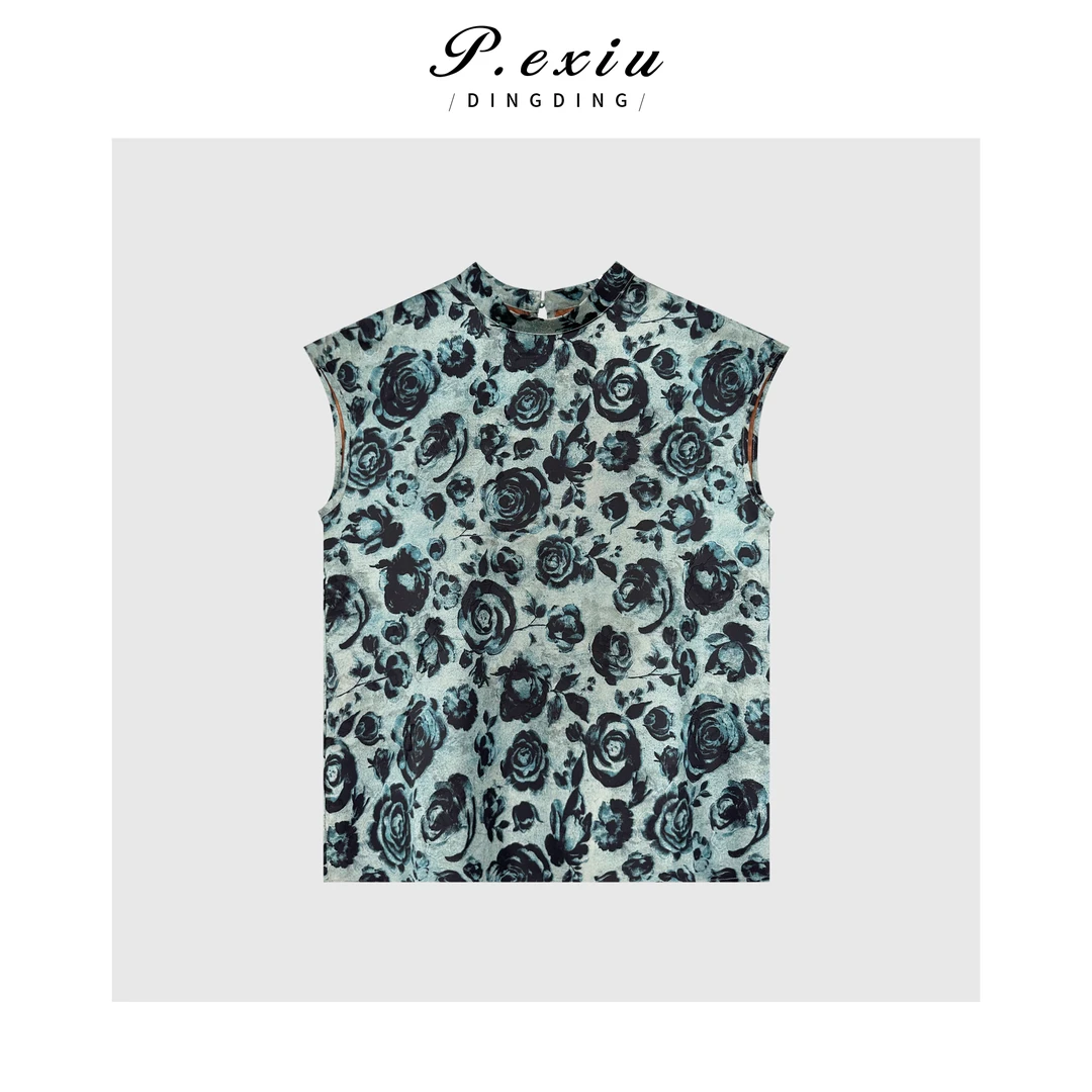 PanYiXiu/潘依绣【国风】复古水墨花灰小立领飞袖衬衫 WH00362