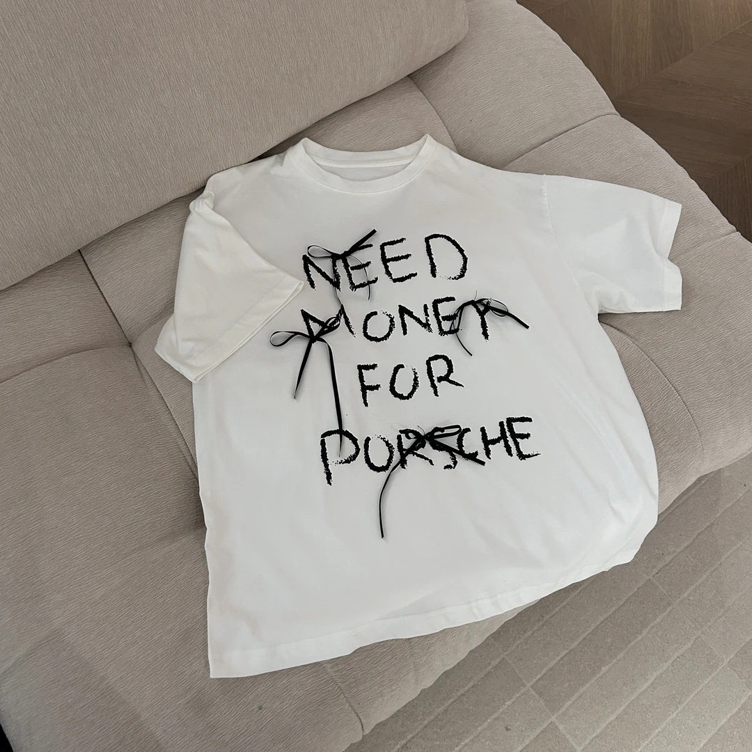 夏季新款套头圆领蝴蝶结系带字母印花短袖2886（衣长71胸围112）