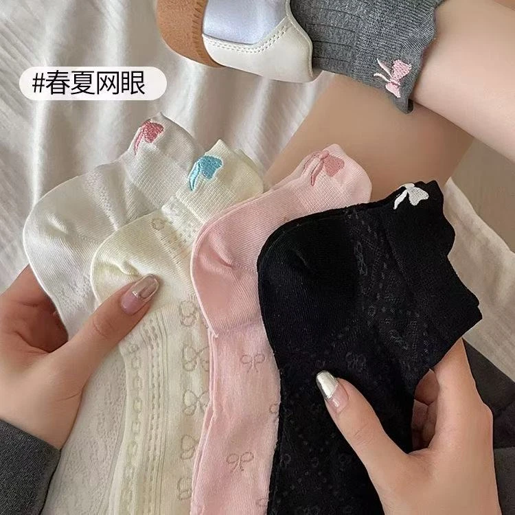 蝴蝶结刺绣韩版短袜女夏季薄款低帮网眼船袜浅口日系白袜子女船袜