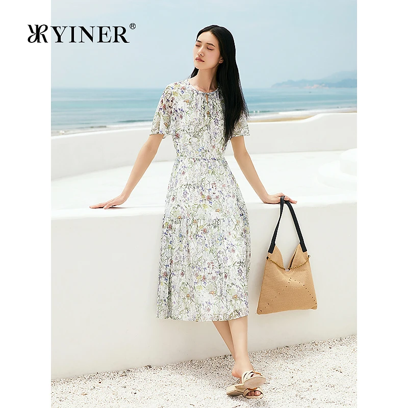 YINER音儿专选2025夏季新款法式优雅珍珠纱A字蛋糕裙摆印花连衣裙