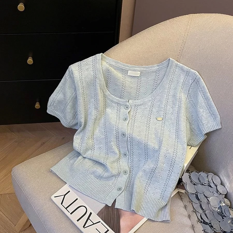 短款针织衫开衫女圆领镂空短袖单排扣纽扣短款上衣外