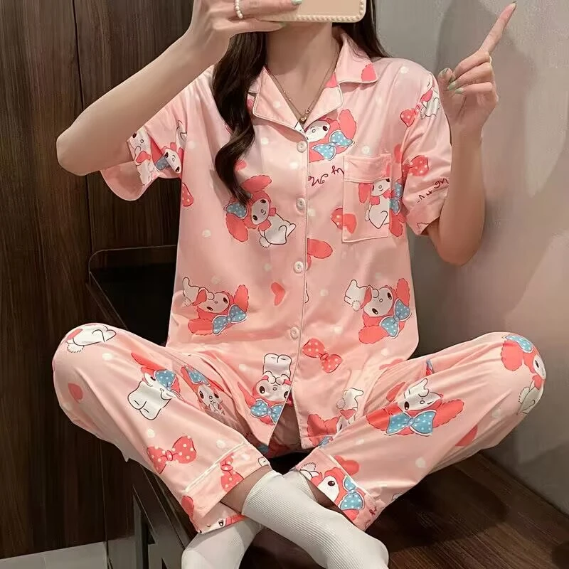 甜美卡通睡衣女夏季翻领开衫短袖可爱元气少女风可外穿家居服套装