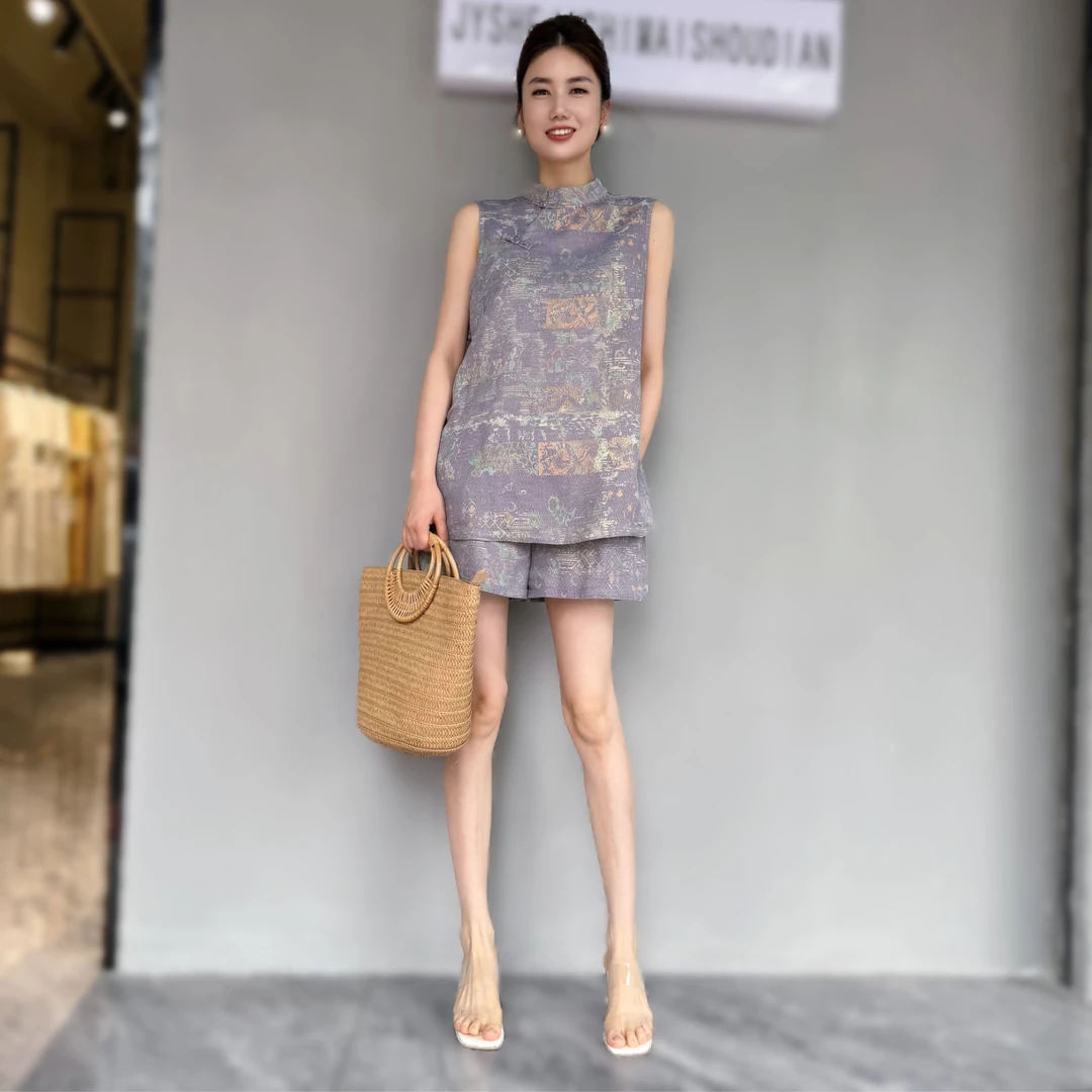 【俊英】新中式国风马甲套装女2025夏新款背心无袖印花上衣短裤套装