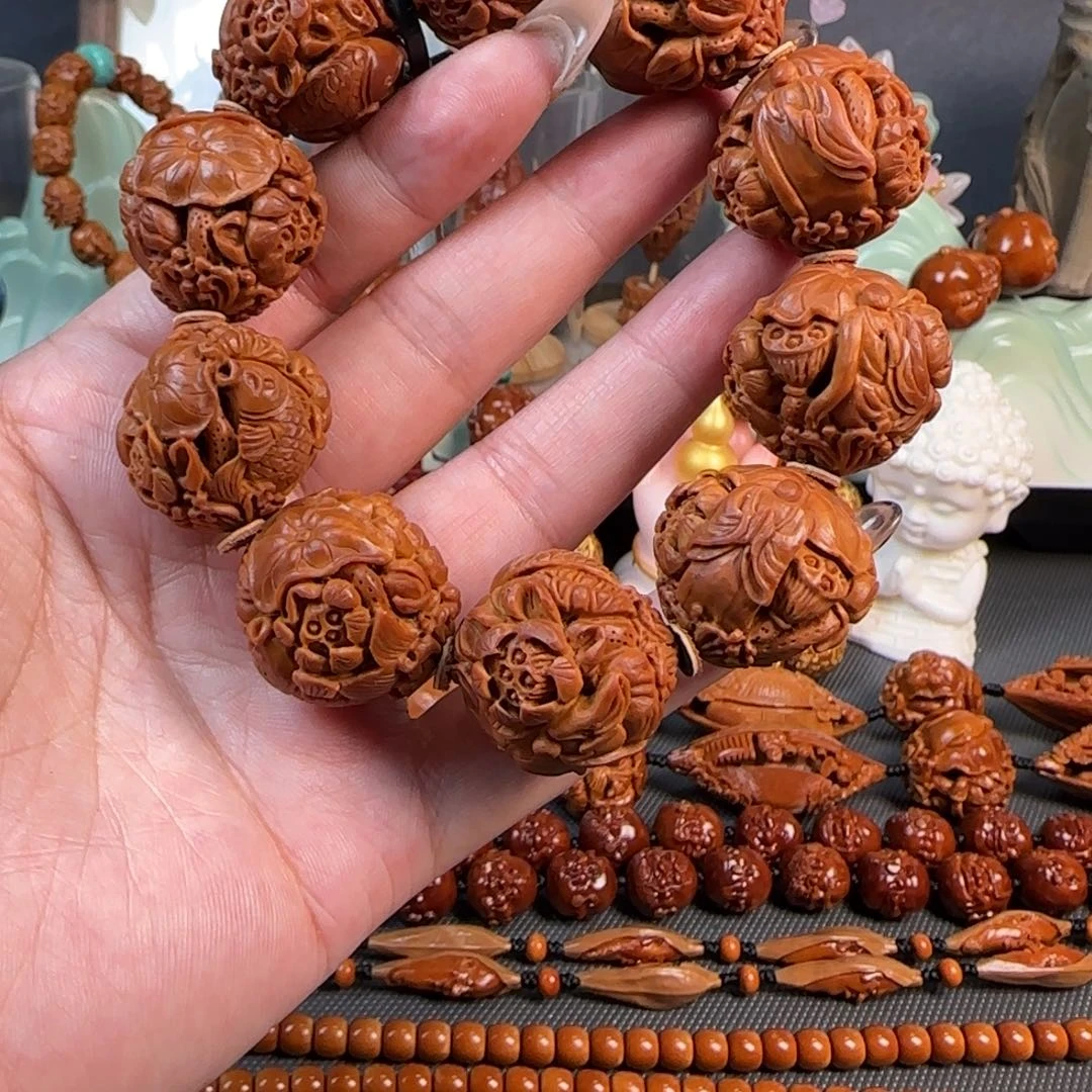 手串/手链橄榄核宽2.5鸡血红梅林核镂空荷塘月色鲤鱼戏莲