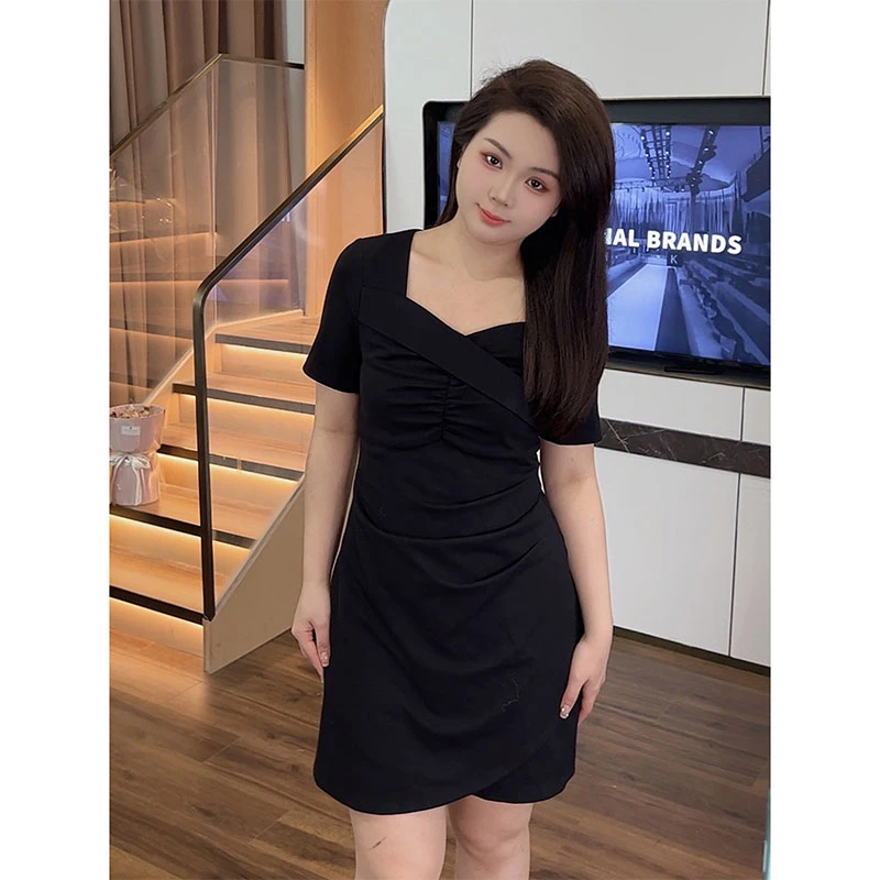 微胖定制【DM416】遮肚气质显瘦藏肉短袖长袖方领连衣裙