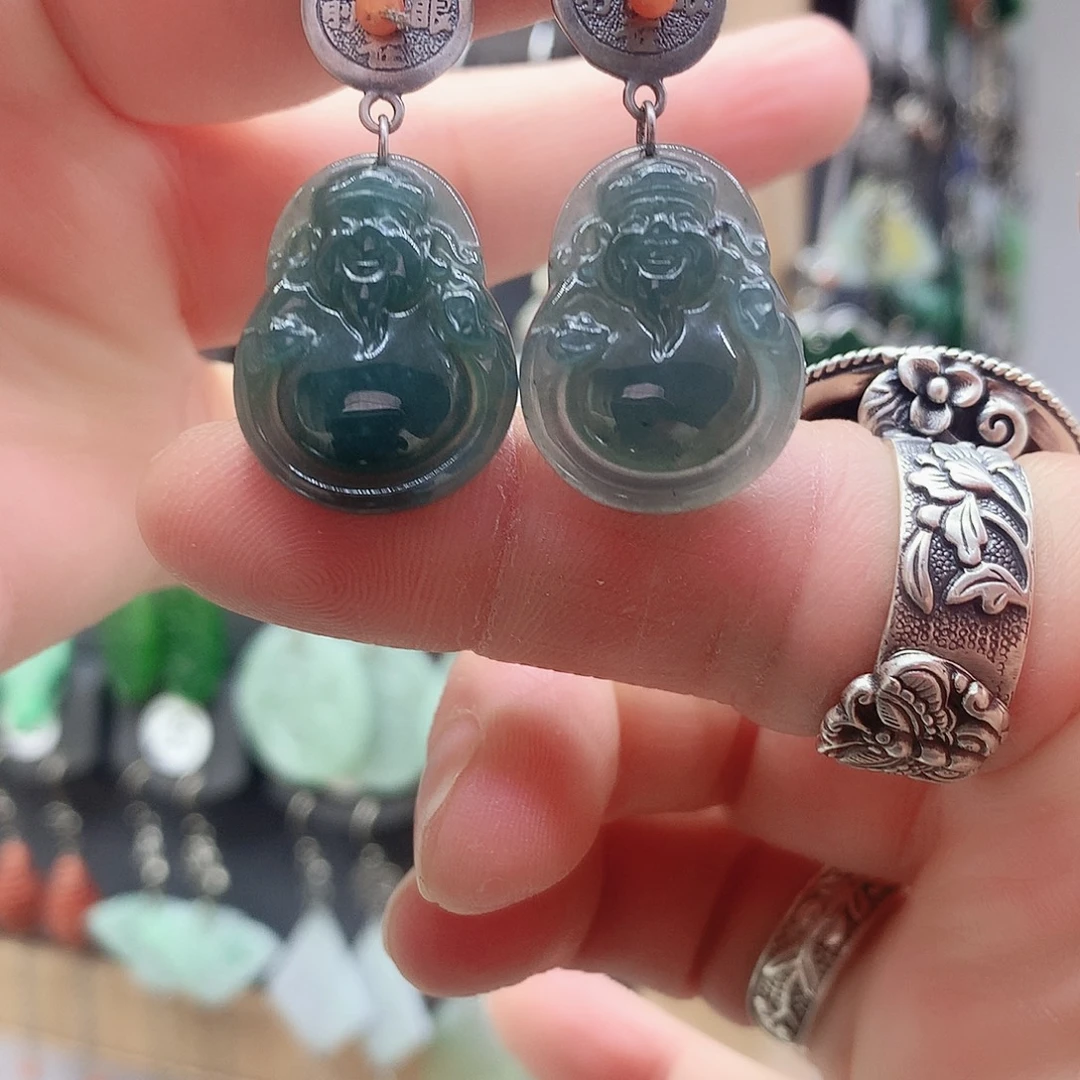 翡翠银S925镶嵌耳饰精美