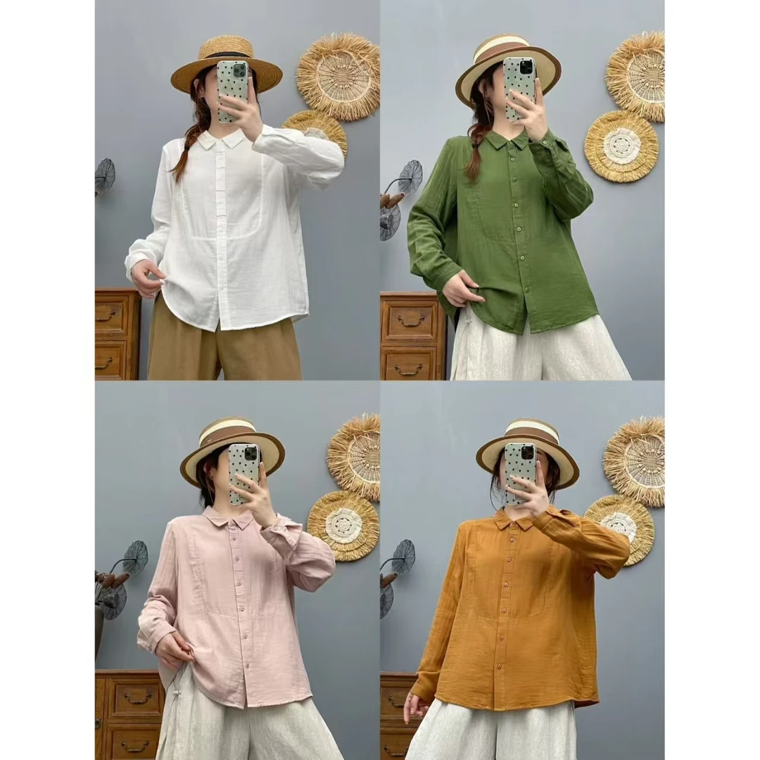 2025秋季新款纯棉衬衫女长袖文艺宽松翻领花边休闲百搭棉纱衬衫女