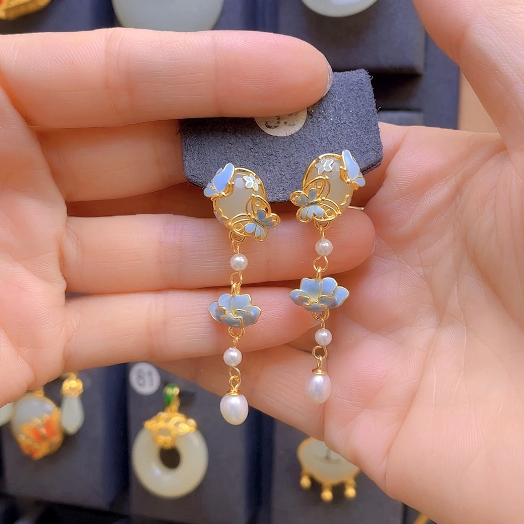 和田玉耳饰银S925镀金镶嵌