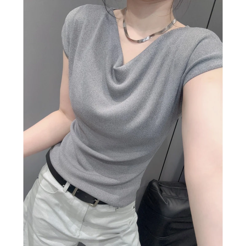 性感荡领冰丝针织衫短袖女高级感气质紧身弹力百搭V领上衣夏欧货