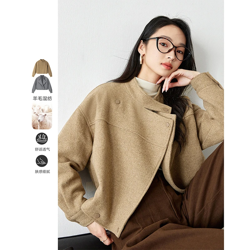 *梵希蔓时尚立领毛呢外套宽松裥棉里料外套M5335