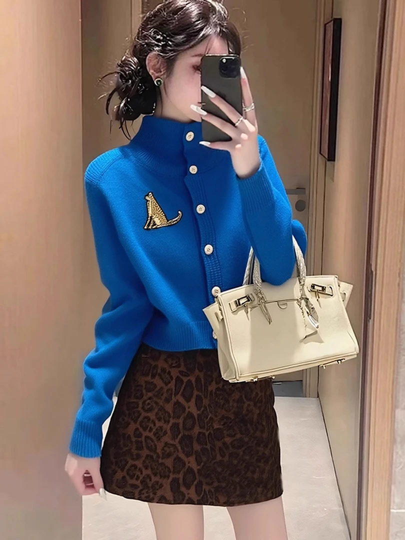 秋冬氛围感穿搭毛衣套装女2025新款小个子针织上衣豹纹短裙两件套