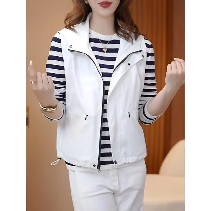 白色连帽运动风背心马甲女2025年夏季新款时尚百搭无袖小外套薄款