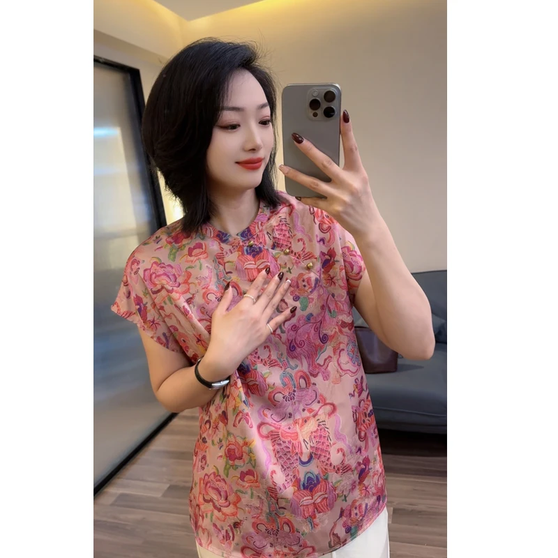 新中式国风碎花短袖衬衫夏季新款宽松洋气减龄立领上衣衬衣 25089