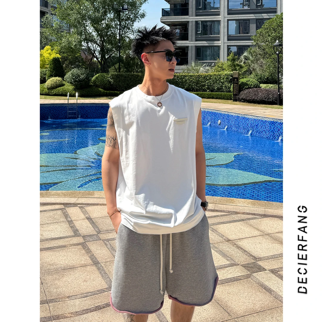 纯棉舒适夏季简约小标运动上衣美式休闲百搭宽松T恤背心男士短袖