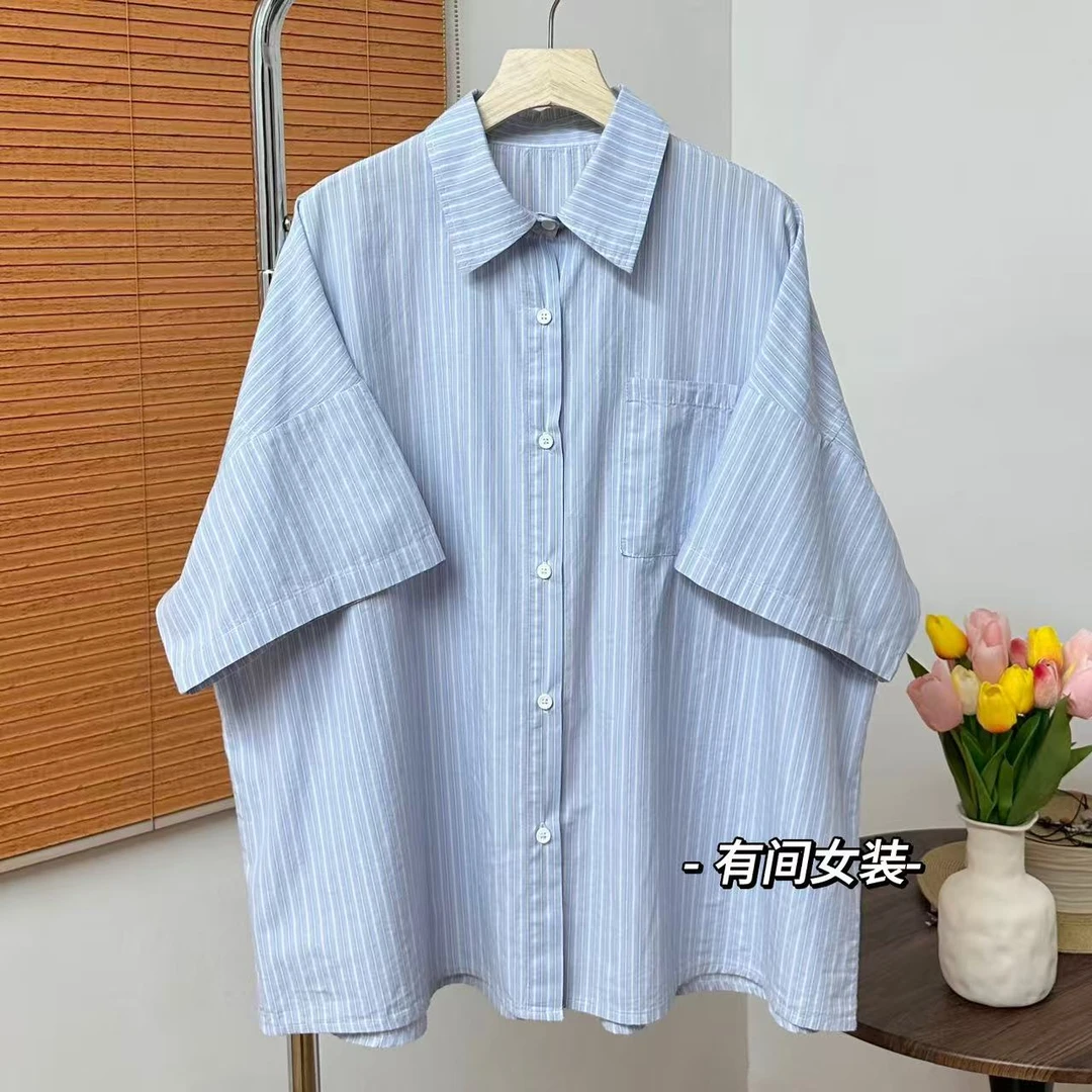大版宽松浅蓝条纹短袖衬衫休闲百搭衬衣通勤落肩上衣夏季薄款