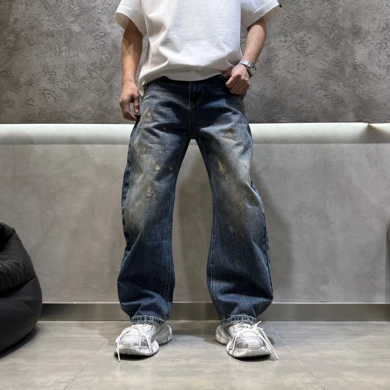 山海原创设计四季通用款男士直筒手绘甩漆直筒牛仔裤美式高街长裤