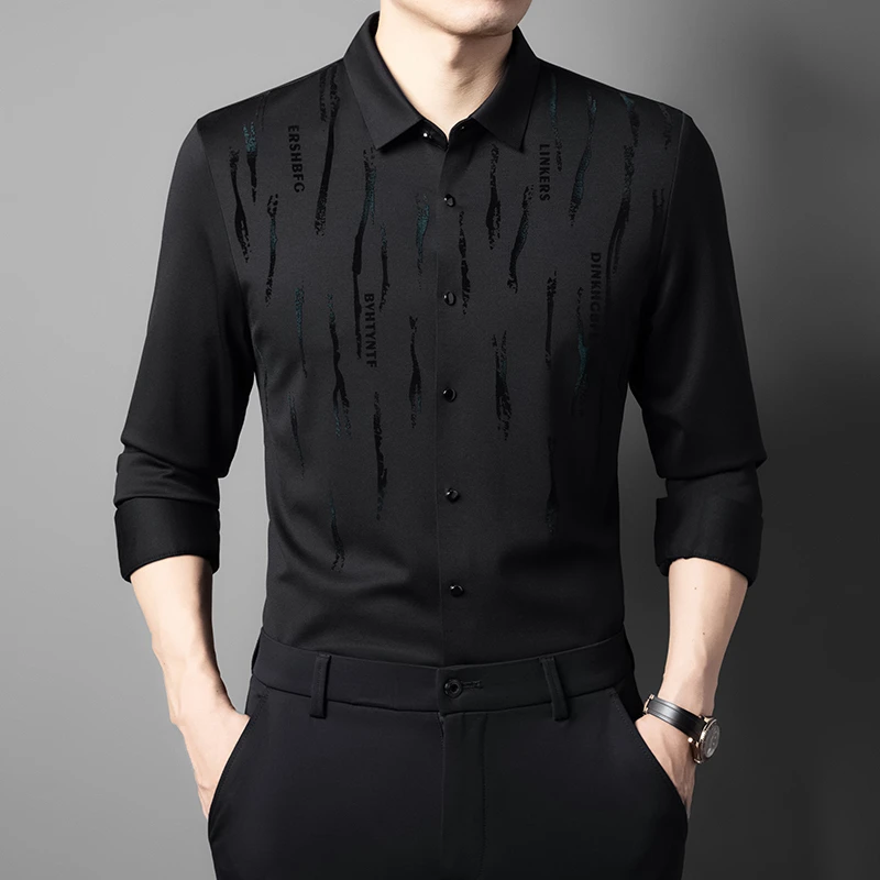 高档桑蚕丝长袖衬衫男士商务休闲上衣春秋季免烫无痕轻奢中年衬衣