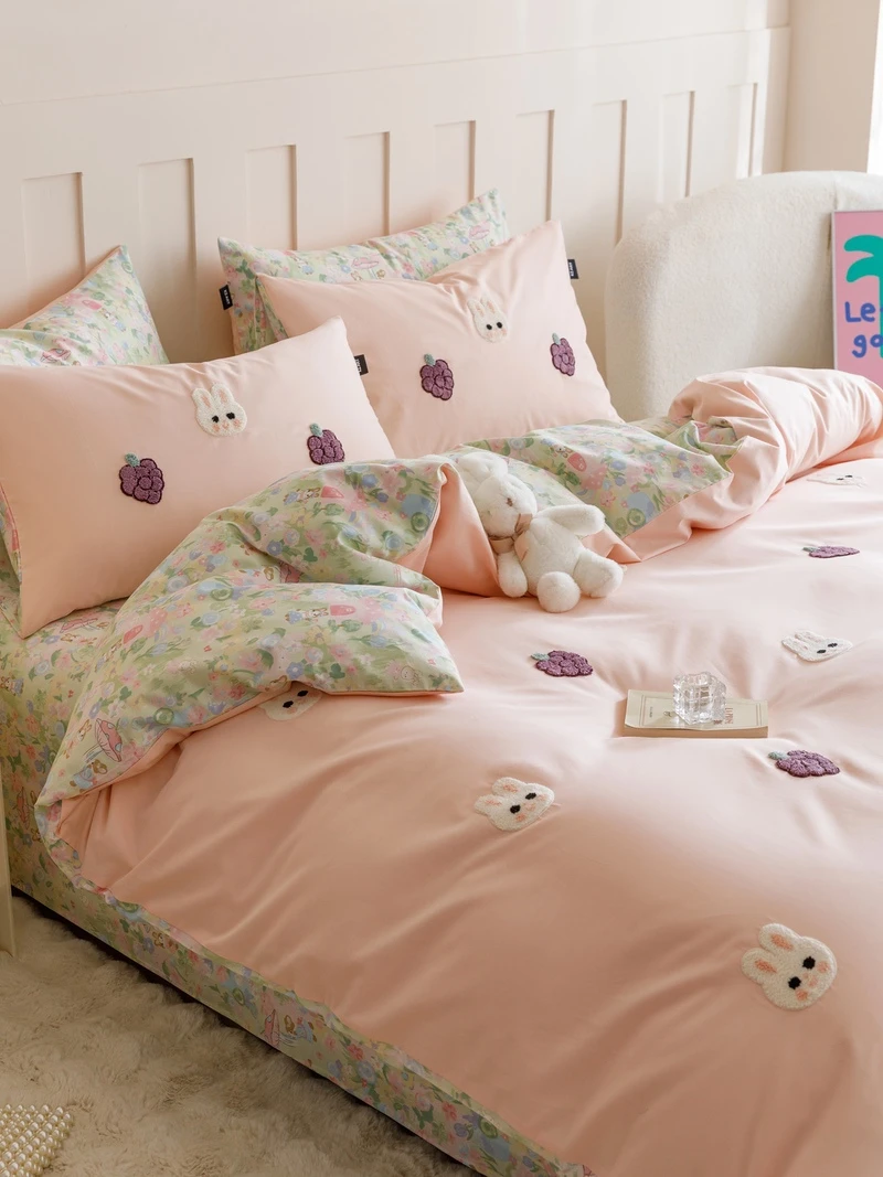 【葡萄小兔】全棉卡通毛巾绣刺绣四件套可爱宿舍四件套