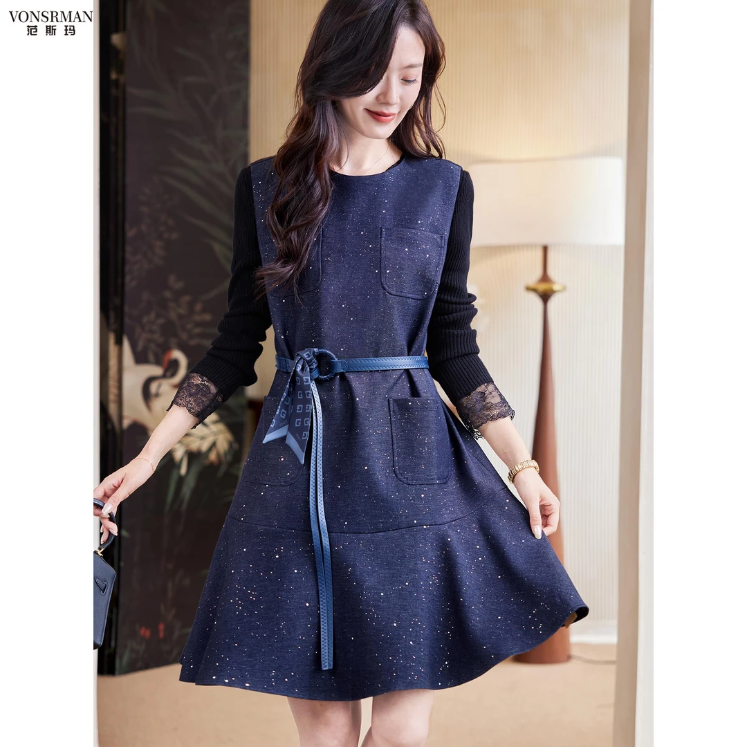 范斯玛圆领亮片系带背心裙2025秋季韩系老钱风休闲百搭时尚连衣裙