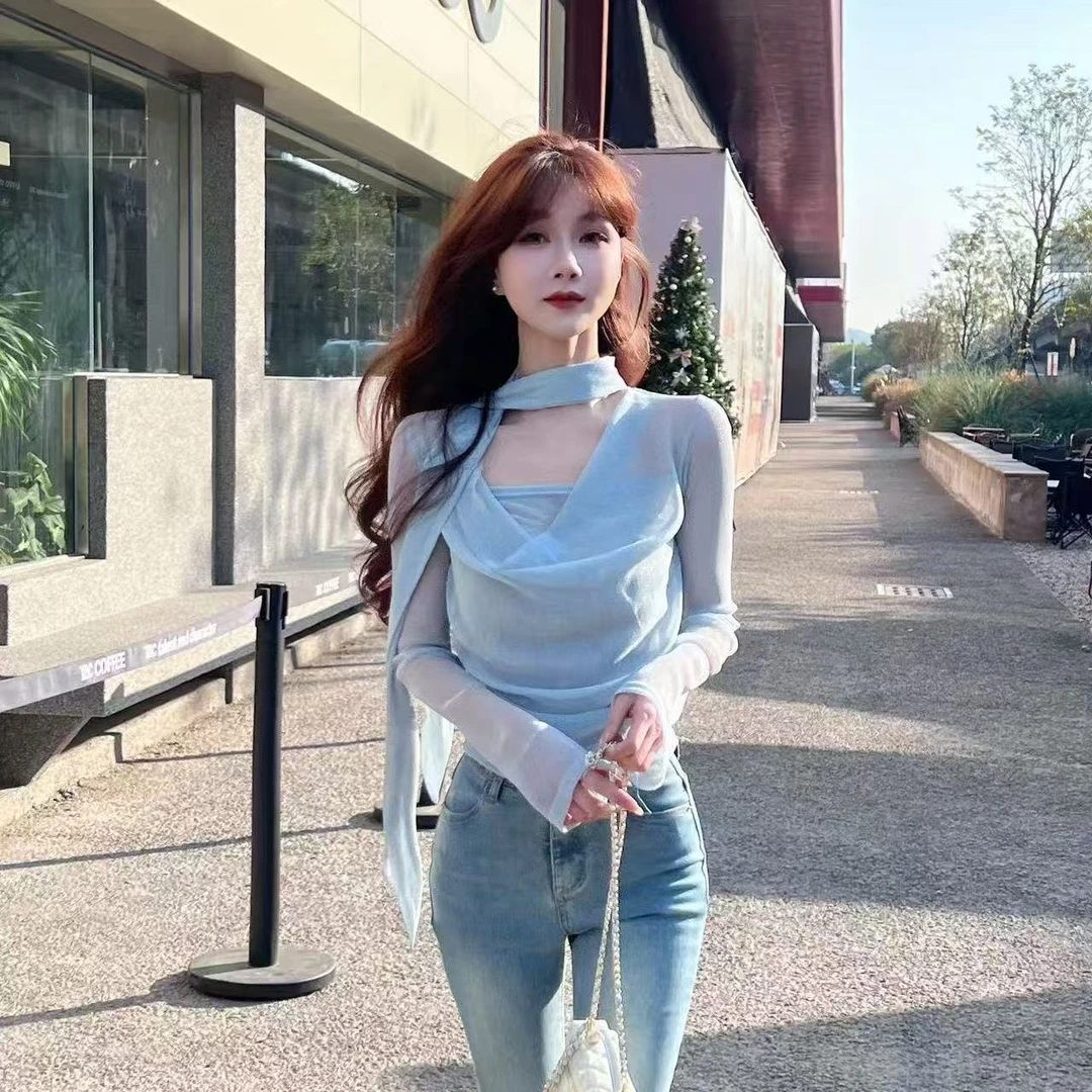 8530款《满目星河》亮片飘带多穿长袖t恤女高级感气质上衣