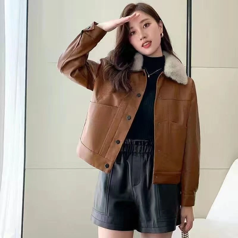 （阿芝专属）【加绒】皮衣新款休闲时尚钮扣款皮夹克皮衣女外套418